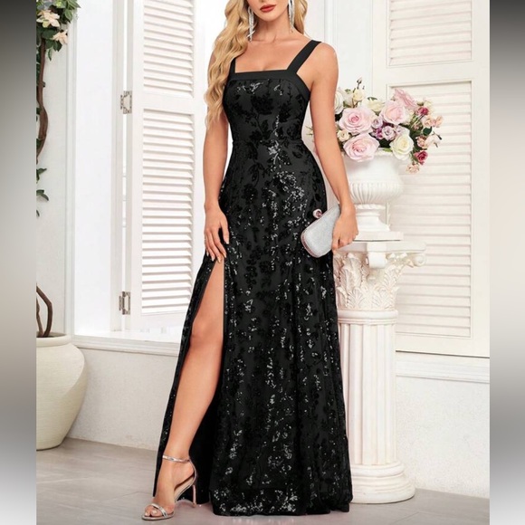 Dresses & Skirts - Elegant Black Floral Sequins Evening Gown
